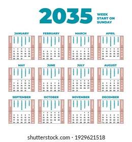 2035 year vector Calendar with weeks start on Sunday