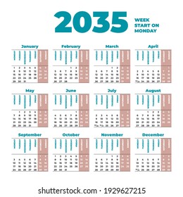 Calendario vectorial de 2035 años con semanas que comienzan el lunes