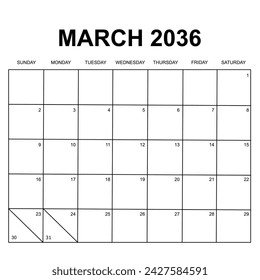 Kalenderentwurf 2036. Die Woche beginnt am Sonntag. Druckbares, einfaches und sauberes Design. Schreibwaren-Vektor-Design.