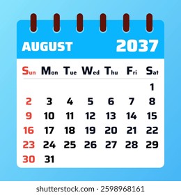 2037 August Calendar Layout. Vector illustration of an August 2037 planner. August 2037 Calendar Template. Flat design. Vector illustration