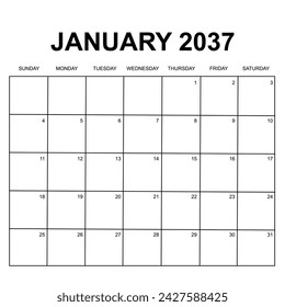 2037 Calendar design. Week starts on Sunday. Printable, simple, and clean design. Stationery vector design.