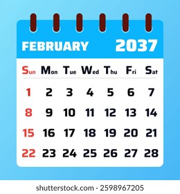 2037 February Calendar Layout. Vector illustration of a February 2037 planner. February 2037 Calendar Template. Flat design. Vector illustration