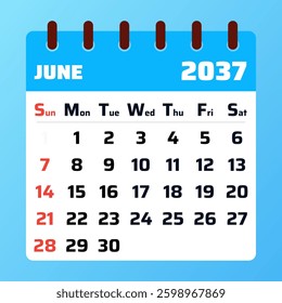 2037 June Calendar Layout. Vector illustration of a June 2037 planner. June 2037 Calendar Template. Flat design. Vector illustration