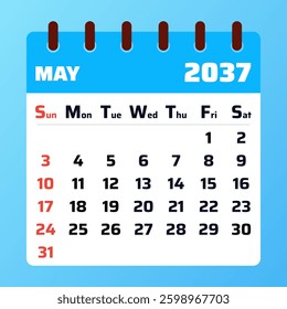 2037 May Calendar Layout. Vector illustration of a May 2037 planner. May 2037 Calendar Template. Flat design. Vector illustration