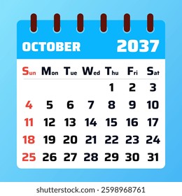 2037 October Calendar Layout. Vector illustration of an October 2037 planner. October 2037 Calendar Template. Flat design. Vector illustration