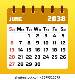 2038 June Calendar Layout. Vacation planning template for June 2038. Monthly scheduler design. Flat vector graphic