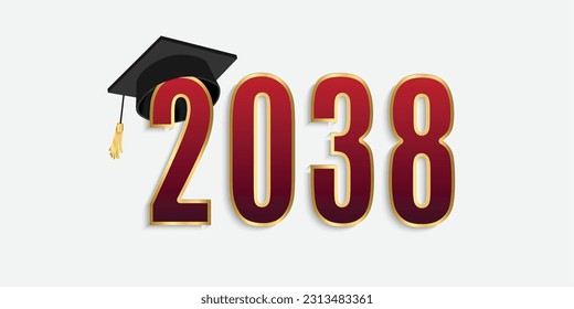2038 red and gold numbers with graduation hat. vector illustration