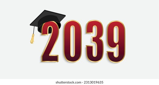 2039 red and gold numbers with graduation hat. vector illustration