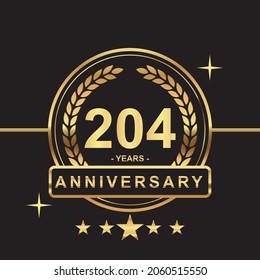 204 years anniversary golden color with circle ring and stars isolated on black background for anniversary celebration event luxury gold premium vector