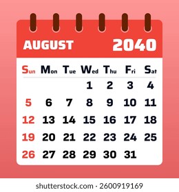 2040 August Calendar Template. Vector illustration of an August 2040 planner on warm background. August 2040 Monthly Calendar. Simple flat vector design
