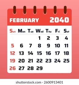 2040 February Calendar Design. Vector illustration of a February 2040 planner on red background. February 2040 Calendar Template. Modern flat design