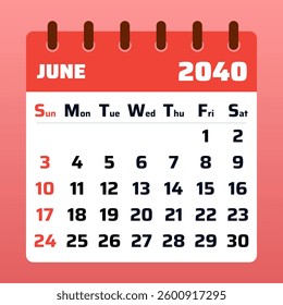 2040 June Calendar Template. Vector illustration of a June 2040 planner. June 2040 Monthly Calendar. Modern flat design for graphic use