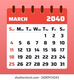 2040 March Calendar Layout. Vector illustration of a March 2040 planner on red background. March 2040 Calendar Template. Flat design. Vector illustration