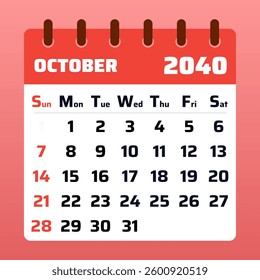 2040 October Calendar Template. Vector illustration of an October 2040 planner. October 2040 Monthly Calendar. Flat design for graphic use
