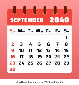 2040 September Calendar Layout. Vector illustration of a September 2040 planner. September 2040 Calendar Template. Flat vector design