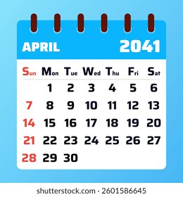 2041 April Calendar Layout. Vector illustration of an April 2041 planner. April 2041 Calendar Template. Flat design. Vector illustration