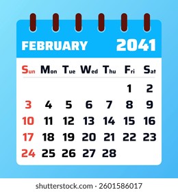 2041 February Calendar Layout. Vector illustration of a February 2041 planner. February 2041 Calendar Template. Flat design. Vector illustration