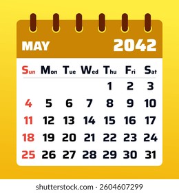 2042 May Calendar Template. Vector Layout of May 2042 Planner. May 2042 Monthly Calendar. Flat and Clean Design. Minimalist Vector Illustration