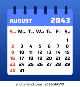 2043 August Calendar Layout. Vector Illustration of an August 2043 Planner. August 2043 Calendar Template. Flat design