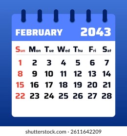 2043 February Calendar Layout. Vector Illustration of a February 2043 Planner. February 2043 Calendar Template. Flat design.