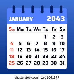 2043 January Calendar Layout. Vector Illustration of a January 2043 Planner. January 2043 Calendar Template. Flat design.