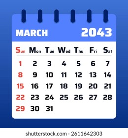 2043 March Calendar Layout. Vector Illustration of a March 2043 Planner. March 2043 Calendar Template. Flat design.