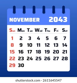 2043 November Calendar Layout. Vector Illustration of a November 2043 Planner. November 2043 Calendar Template. Flat design.