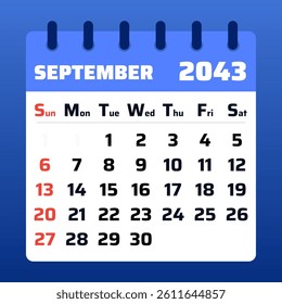 2043 September Calendar Layout. Vector Illustration of a September 2043 Planner. September 2043 Calendar Template. Flat design