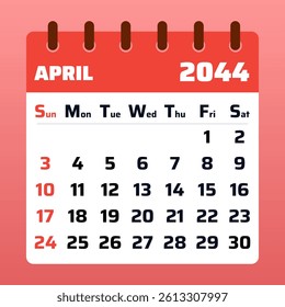 2044 April Calendar Layout. Vector Illustration of an April 2044 Planner. April 2044 Template. Flat Design.

