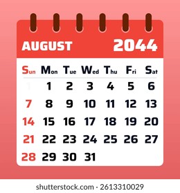 2044 August Calendar Layout. Vector Illustration of an August 2044 Planner. August 2044 Template. Flat Design.

