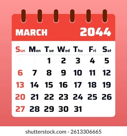 2044 March Calendar Layout. Vector Illustration of a March 2044 Planner. March 2044 Template. Flat Design