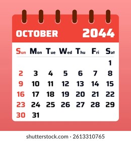 2044 October Calendar Layout. Vector Illustration of an October 2044 Planner. October 2044 Template. Flat Design.

