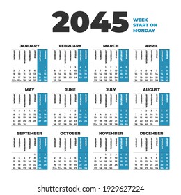 2045 year vector Calendar with weeks start on Monday