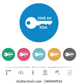 2048 bit rsa encryption flat white icons on round color backgrounds. 6 bonus icons included.