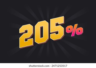 205% discount banner with dark background and yellow text. 205 percent sales promotional design.