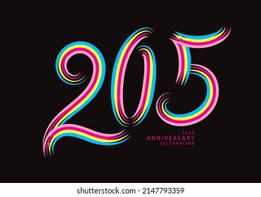 205 number design vector, graphic t shirt, 205 years anniversary celebration logotype colorful line, 205th birthday logo, Banner template, logo number elements for invitation card, poster, t-shirt.