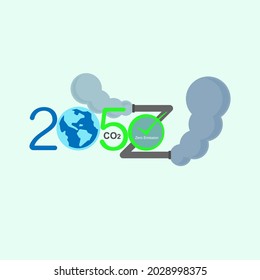 2050 CO2 zero emission typographic design. Clean earth, exact time clock and Z shaped exhaust pipe as a gimmick of achievement. Vector illustration outline flat design style.