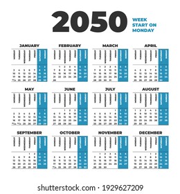 Vektor-Kalender 2050, Vektor-Kalender mit Wochen beginnt am Montag