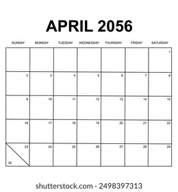 2056. monthly calendar design. week starts on sunday. printable, simple, and clean vector design isolated on white background.