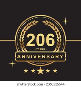 206 years anniversary golden color with circle ring and stars isolated on black background for anniversary celebration event luxury gold premium vector