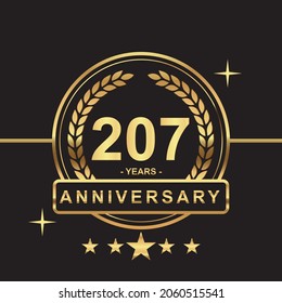 207 years anniversary golden color with circle ring and stars isolated on black background for anniversary celebration event luxury gold premium vector