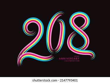 208 number design vector, graphic t shirt, 208 years anniversary celebration logotype colorful line, 208th birthday logo, Banner template, logo number elements for invitation card, poster, t-shirt.