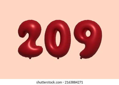 209 3d number balloon made of realistic metallic air balloon 3d rendering. 3D Red helium balloons for sale decoration Party Birthday, Celebrate anniversary, Wedding Holiday. Vector illustration