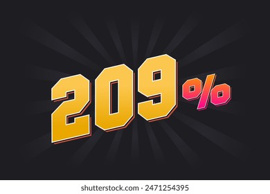 209% discount banner with dark background and yellow text. 209 percent sales promotional design.