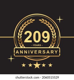 209 years anniversary golden color with circle ring and stars isolated on black background for anniversary celebration event luxury gold premium vector