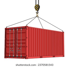 20-Foot Red Shipping Container Hanging on a Crane Hook With Wire Ropes Over White Background. Vector Illustration