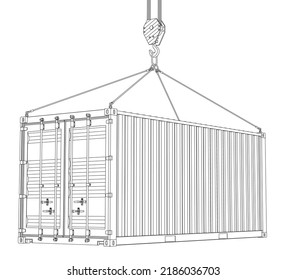 20-Foot Shipping Container Hanging on a Crane Hook. Vector Illustration in Outline Style