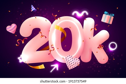 20k or 20000 followers thank you Pink heart, golden confetti and neon signs. Social Network friends, followers, Web user Thank you celebrate of subscribers or followers and likes. Vector illustration