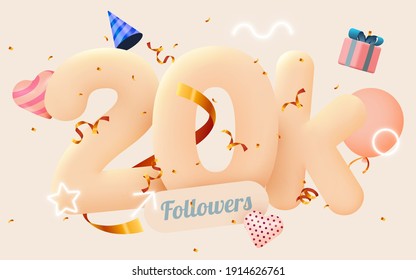 20k or 20000 followers thank you Pink heart, golden confetti and neon signs. Social Network friends, followers, Web user Thank you celebrate of subscribers or followers and likes. Vector illustration