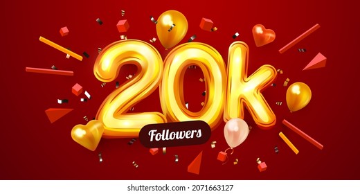 20k or 20000 followers thank you. Golden numbers, confetti and balloons. Social Network friends, followers, Web users. Subscribers, followers or likes celebration. Vector illustration